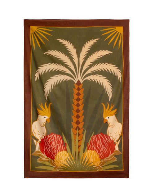 Coastal Days Australian-inspired beach sarong featuring native flora, cockatoos and coastal illustrations