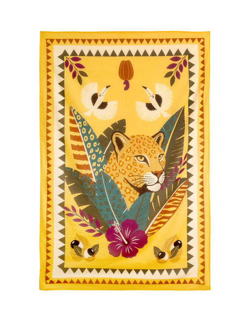Da Mata Brazilian-inspired tropical sarong featuring a jaguar, tropical plants and wildlife